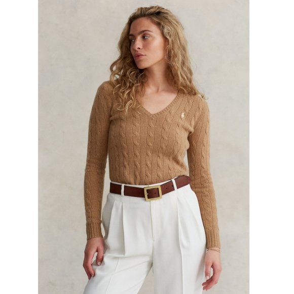 Polo Ralph Lauren Cashmere Merino Wool Cable Knit Jumper Sweater Camel Tan Vneck - Picture 12 of 12